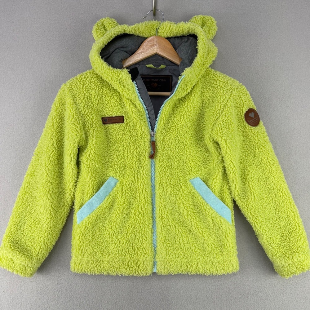 Obermeyer Kids Fleece Hoodie Jacket Unisex Large Green Bear Ears Full Zip Sherpa